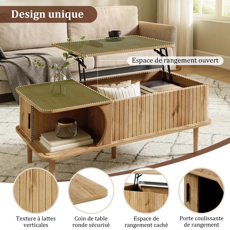 Table basse relevable effet bois, rétro, porte coulissante 100x48cm PILLOWDARK