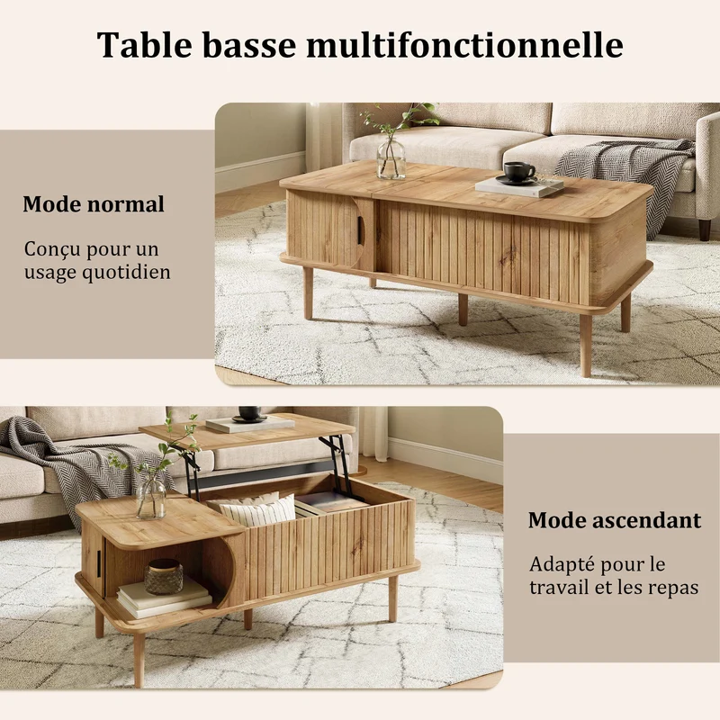 Table basse relevable effet bois, rétro, porte coulissante 100x48cm PILLOWDARK