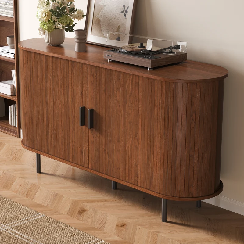 Buffet noyer style vintage 2 portes coulissantes, cannage rainuré 140cm PILLOWMAX