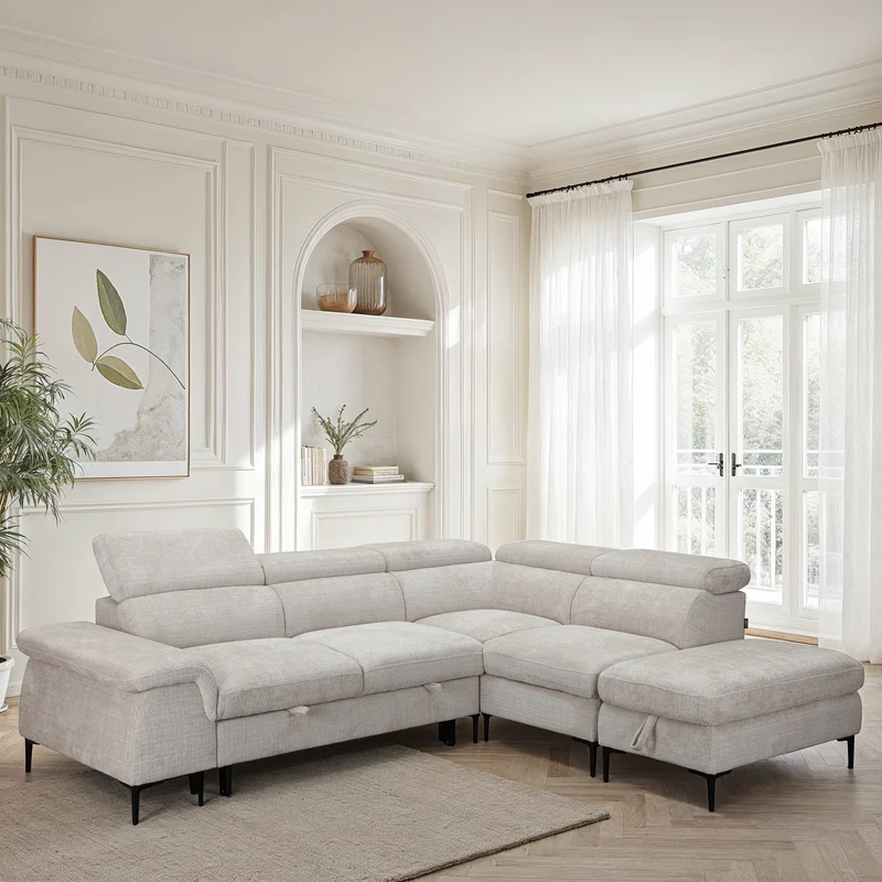 Canapé d'angle repose tête réglables convertible en tissu avec coffre rangement, 258x217xH79/99CM - PINTO