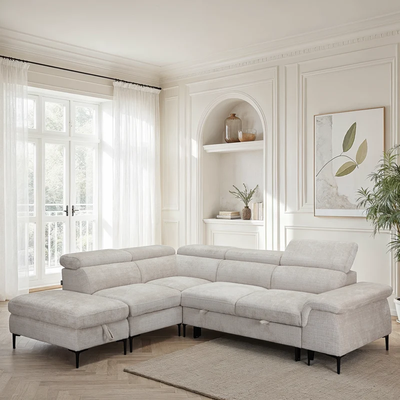 Canapé d'angle repose tête réglables convertible en tissu avec coffre rangement, 258x217xH79/99CM - PINTO