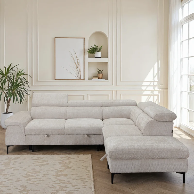 Canapé d'angle repose tête réglables convertible en tissu avec coffre rangement, 258x217xH79/99CM - PINTO