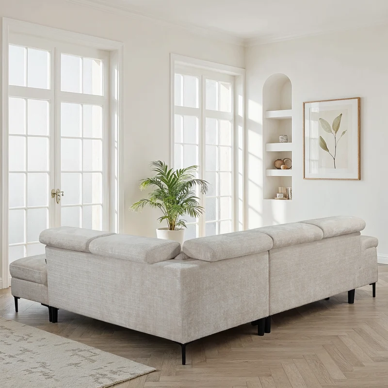 Canapé d'angle repose tête réglables convertible en tissu avec coffre rangement, 258x217xH79/99CM - PINTO