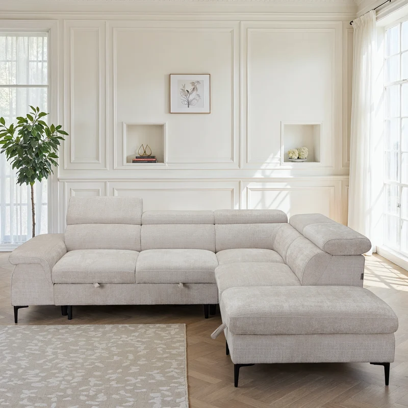 Canapé d'angle repose tête réglables convertible en tissu avec coffre rangement, 258x217xH79/99CM - PINTO