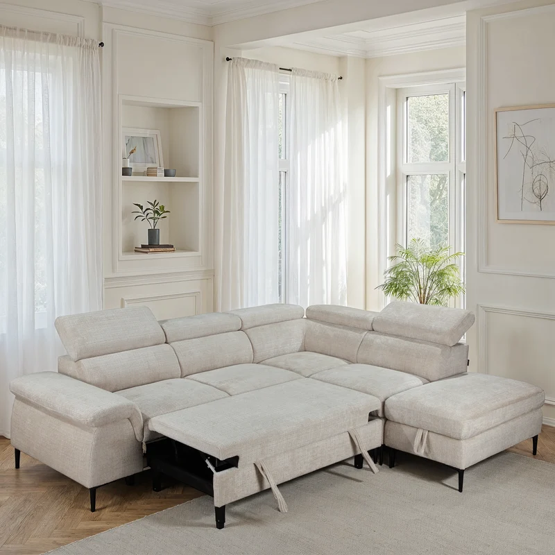 Canapé d'angle repose tête réglables convertible en tissu avec coffre rangement, 258x217xH79/99CM - PINTO