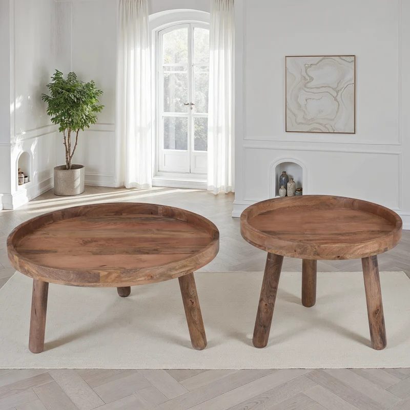 Set de 2 tables basses en bois de manguier, D80xH40CM et D60xH47CM - TOVA