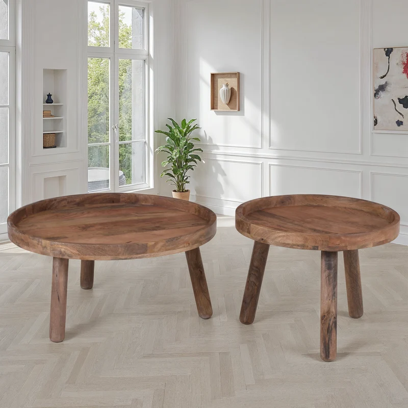 Set de 2 tables basses en bois de manguier, D80xH40CM et D60xH47CM - TOVA