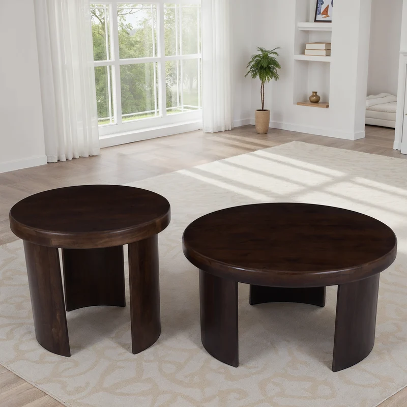 Set de 2 tables basses en bois de manguier, D80xH41CM et D60xH51CM - BELLAGIO