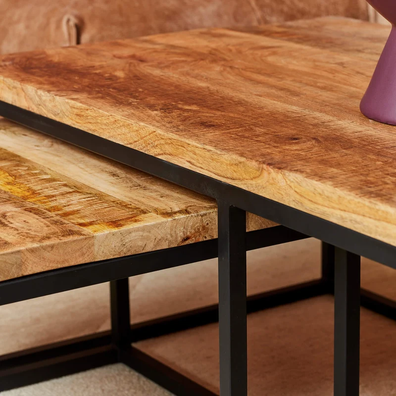 Set de 3 tables basses en bois de manguier, 120x60xH42cm, 50x50xH35cm - ALEXIA