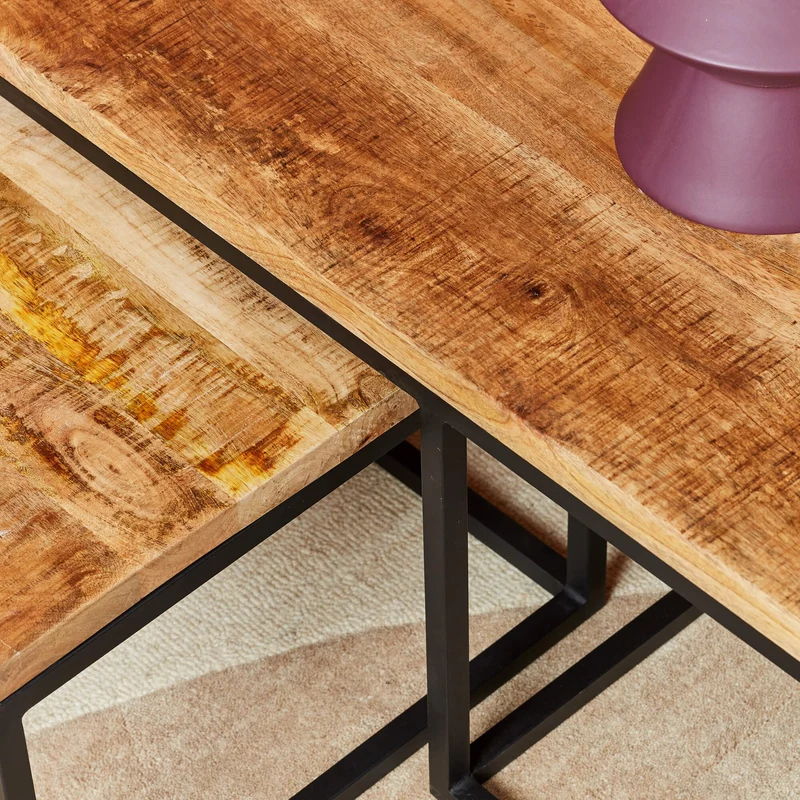 Set de 3 tables basses en bois de manguier, 120x60xH42cm, 50x50xH35cm - ALEXIA