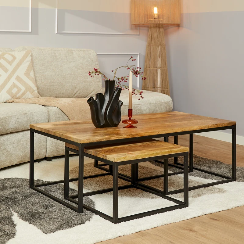 Set de 3 tables basses en bois de manguier, 120x60xH42cm, 50x50xH35cm - ALEXIA