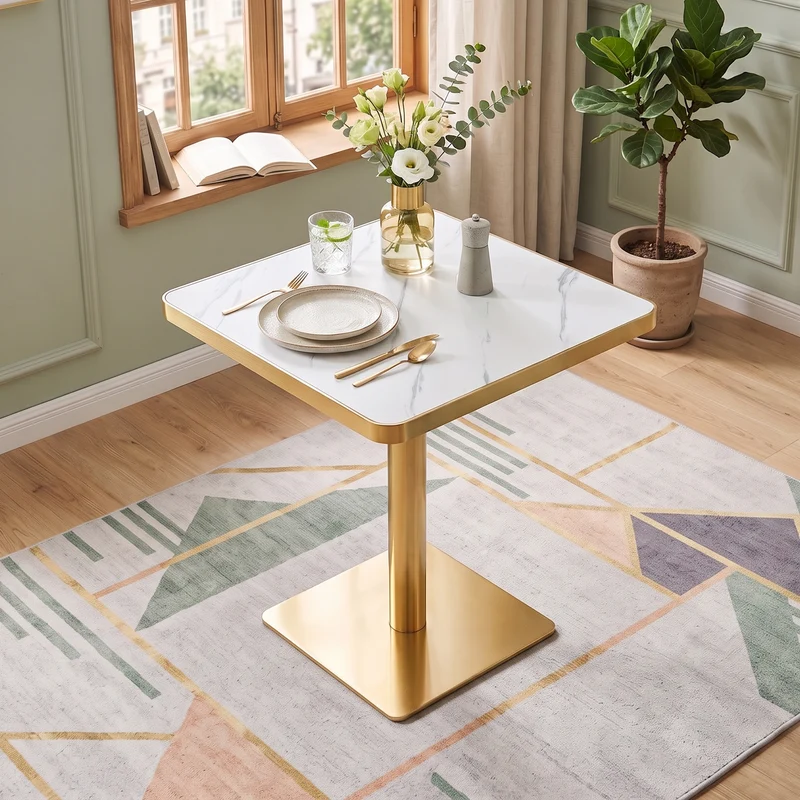 Table de salle à manger carrée effet marbre blanc avec piètement métal doré 60x60cm PINEBENCH