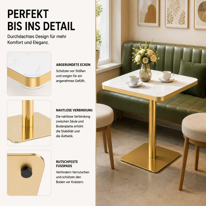 Table de salle à manger carrée effet marbre blanc avec piètement métal doré 60x60cm PINEBENCH