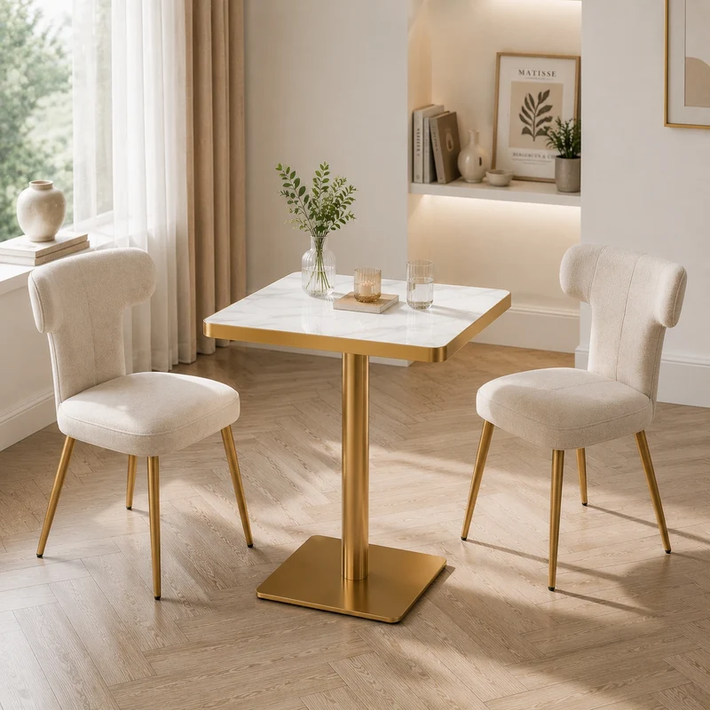 Table de salle à manger carrée effet marbre blanc avec piètement métal doré 60x60cm PINEBENCH