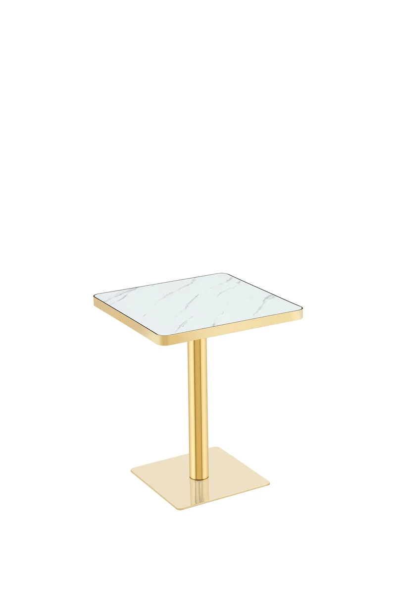 Table de salle à manger carrée effet marbre blanc avec piètement métal doré 60x60cm PINEBENCH