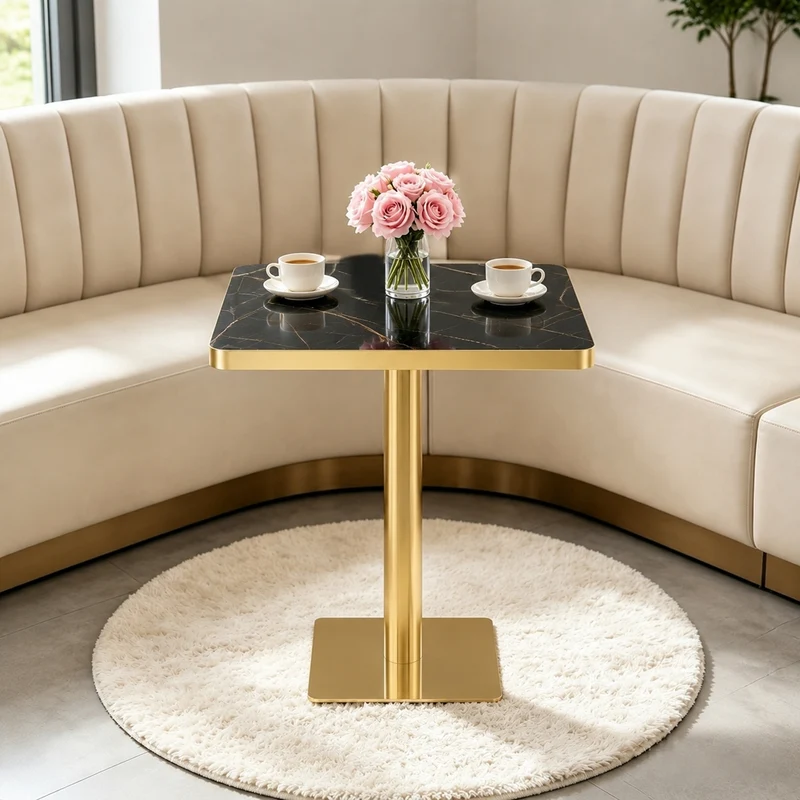 Table de salle à manger carrée effet marbre noir pieds dorés style chic PINEBOOKCASE