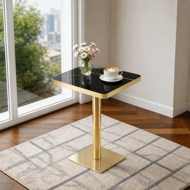 Table de salle à manger carrée effet marbre noir pieds dorés style chic PINEBOOKCASE