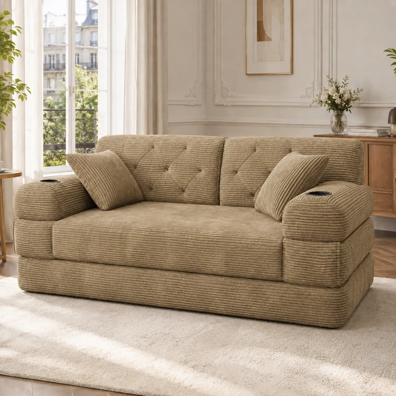 Canapé-lit 2 places convertible en velours côtelé kaki foncé 2 coussins haut dossier 168×80×81cm QUADROOM