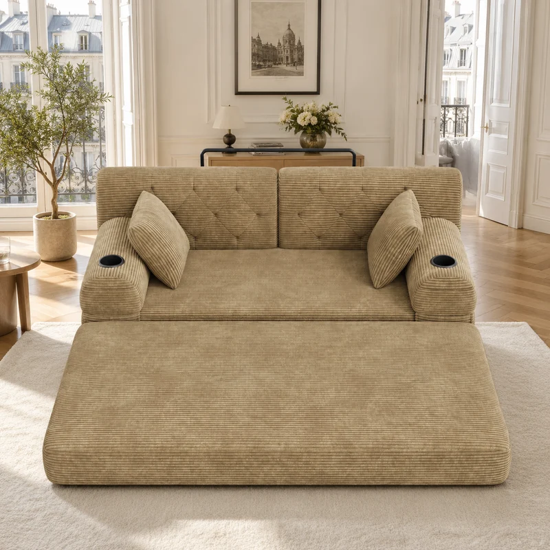 Canapé-lit 2 places convertible en velours côtelé kaki foncé 2 coussins haut dossier 168×80×81cm QUADROOM