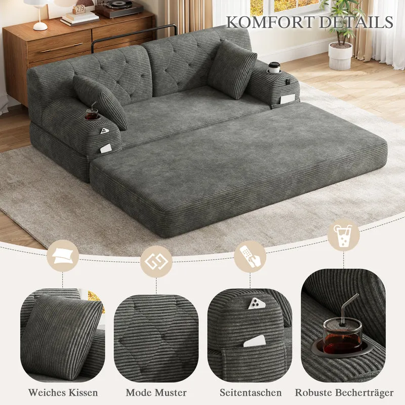 Canapé-lit 2 places en velours côtelé gris foncé 2 coussins haut dossier 168×80×81cm PINEPLANT