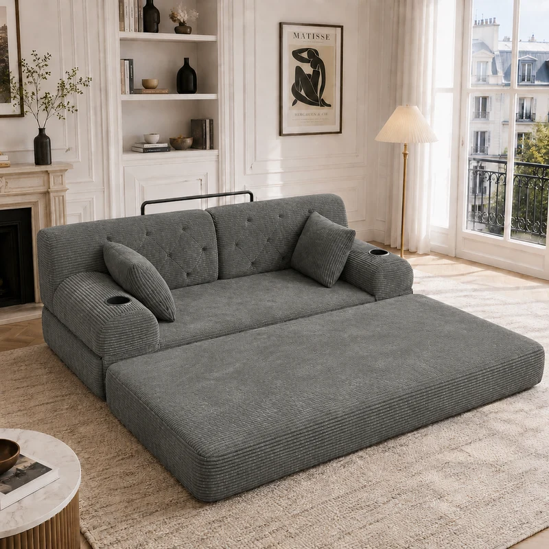 Canapé-lit 2 places en velours côtelé gris foncé 2 coussins haut dossier 168×80×81cm PINEPLANT