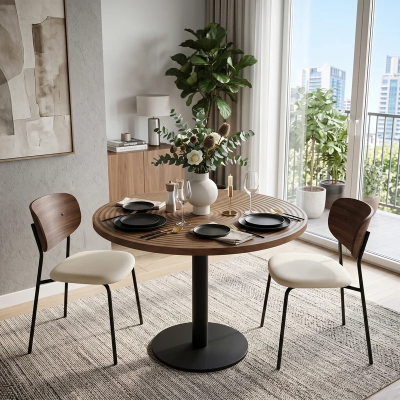 Table de salle à manger ronde avec finition en placage bois effet noyer et pied central noir de style tulipe ; diamètre de 80 cm PINETRAY