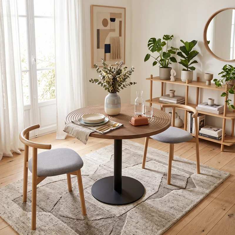 Table de salle à manger ronde avec finition en placage bois effet noyer et pied central noir de style tulipe ; diamètre de 80 cm PINETRAY