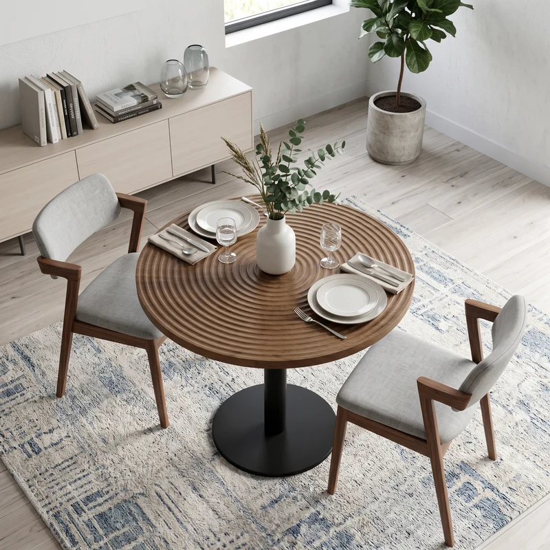 Table de salle à manger ronde avec finition en placage bois effet noyer et pied central noir de style tulipe ; diamètre de 80 cm PINETRAY