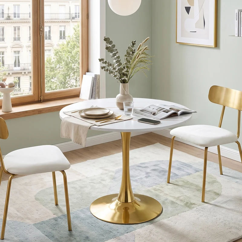 Table de salle à manger ronde effet marbre blanc et pieds dorés forme tulipe Ø80 cm PINESTYLE