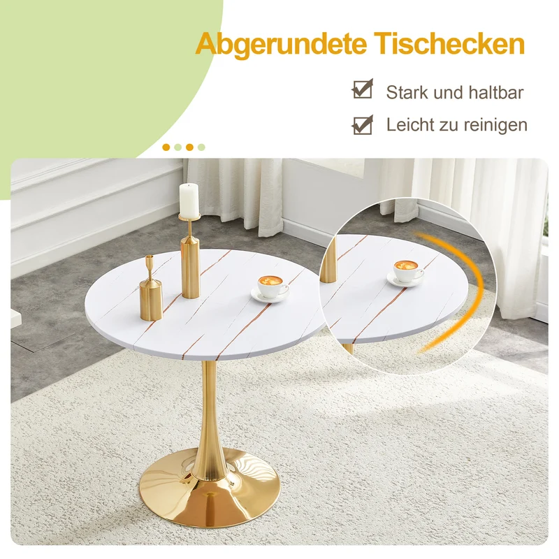Table de salle à manger ronde effet marbre blanc et pieds dorés forme tulipe Ø80 cm PINESTYLE