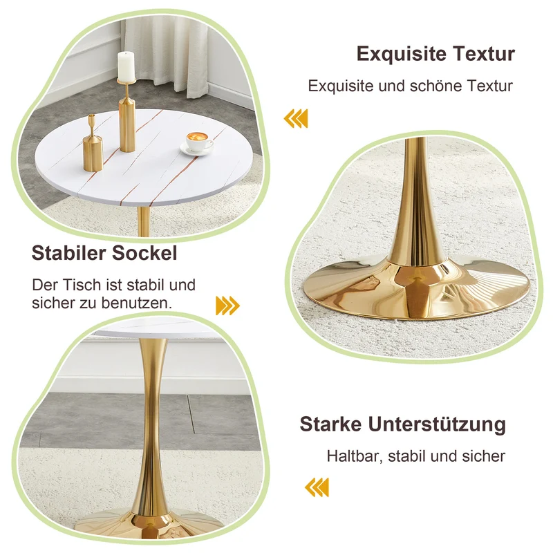 Table de salle à manger ronde effet marbre blanc et pieds dorés forme tulipe Ø80 cm PINESTYLE