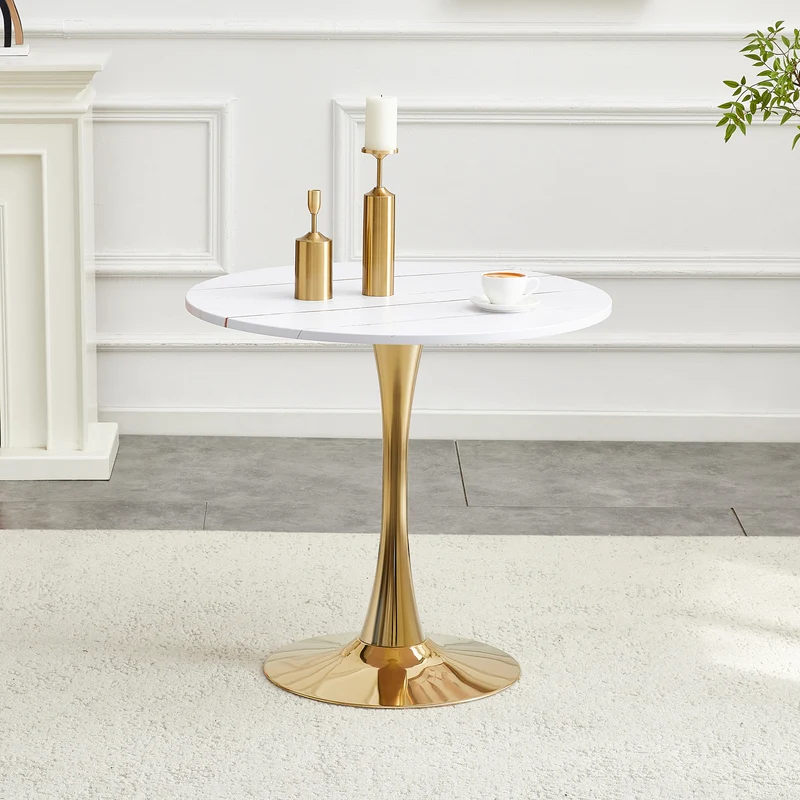 Table de salle à manger ronde effet marbre blanc et pieds dorés forme tulipe Ø80 cm PINESTYLE