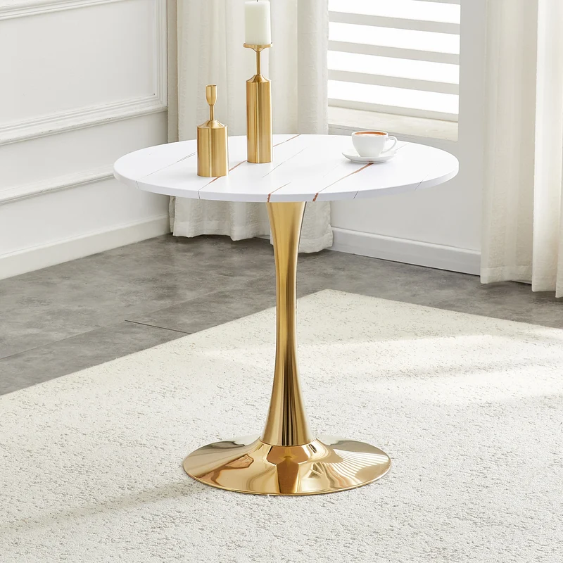Table de salle à manger ronde effet marbre blanc et pieds dorés forme tulipe Ø80 cm PINESTYLE