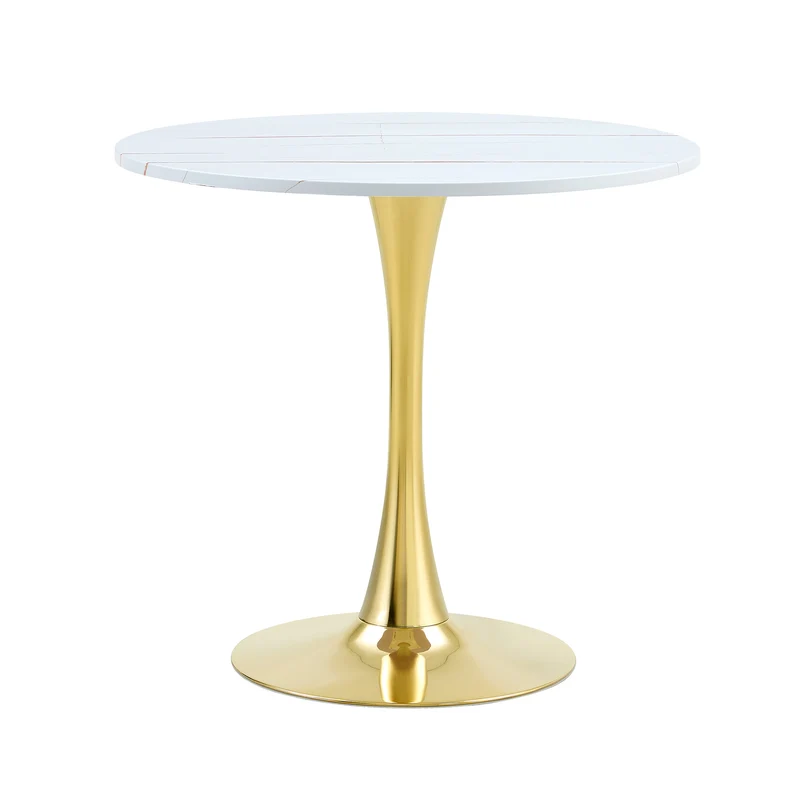 Table de salle à manger ronde effet marbre blanc et pieds dorés forme tulipe Ø80 cm PINESTYLE