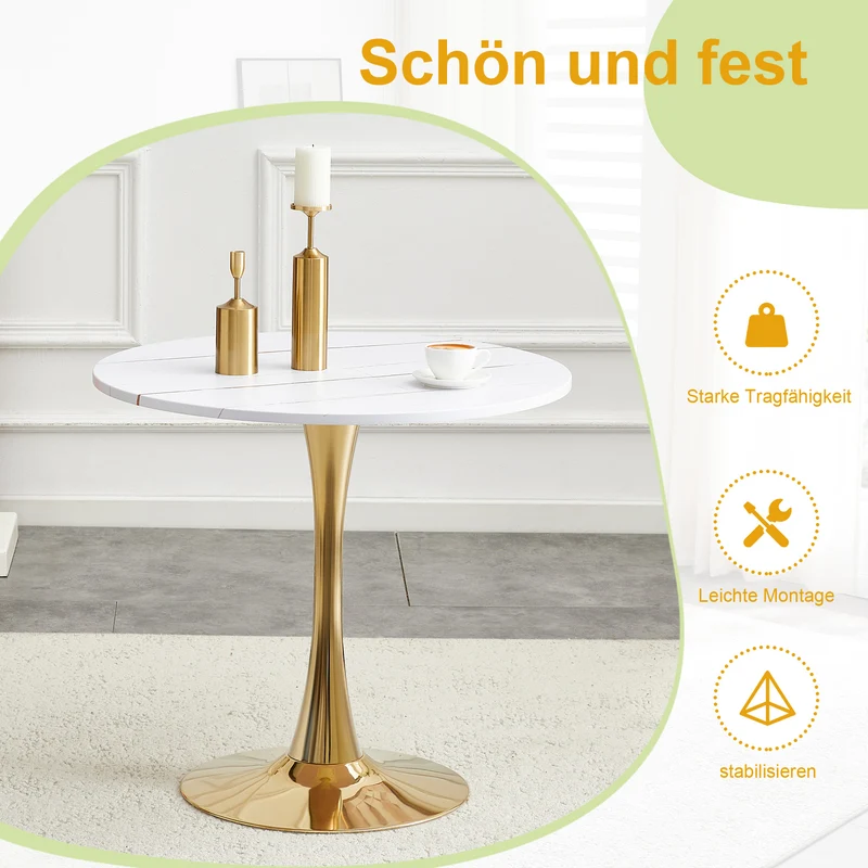 Table de salle à manger ronde effet marbre blanc et pieds dorés forme tulipe Ø80 cm PINESTYLE
