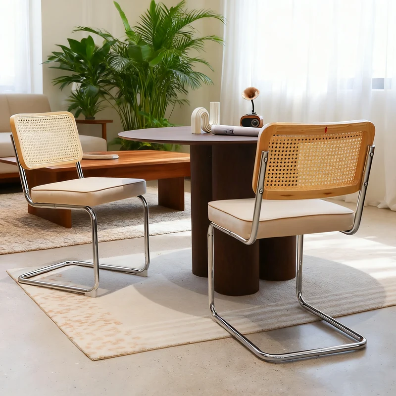 Lot de 2 chaises de salle à manger Breuer en velours beige et dossier en rotin, pieds chromés PLANTCRAFT