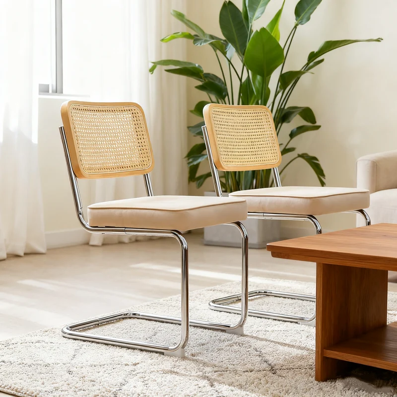 Lot de 2 chaises de salle à manger Breuer en velours beige et dossier en rotin, pieds chromés PLANTCRAFT