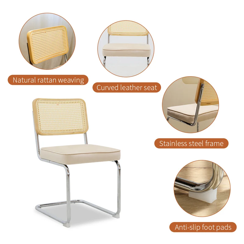 Lot de 2 chaises de salle à manger Breuer en velours beige et dossier en rotin, pieds chromés PLANTCRAFT