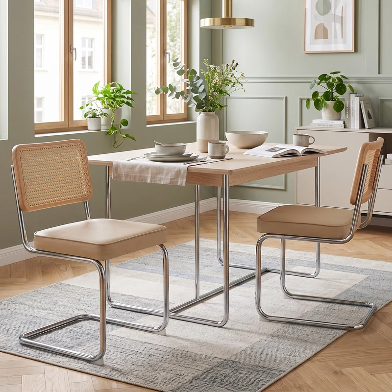 Lot de 2 chaises de salle à manger Breuer en velours beige et dossier en rotin, pieds chromés PLANTCRAFT
