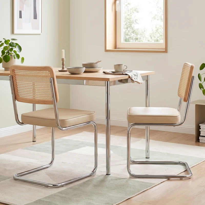 Lot de 2 chaises de salle à manger Breuer en velours beige et dossier en rotin, pieds chromés PLANTCRAFT