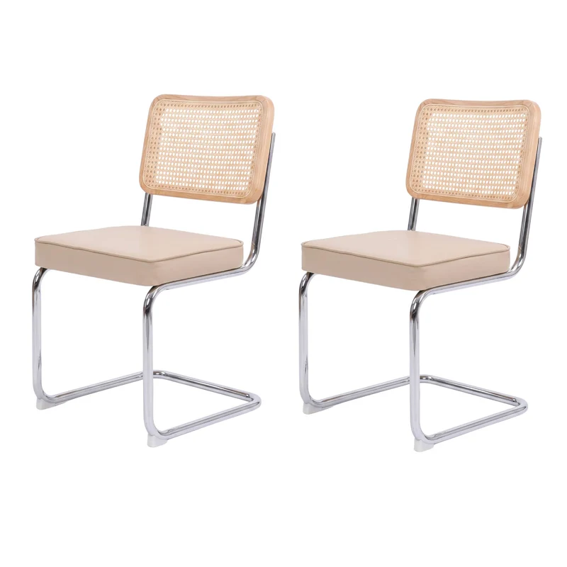 Lot de 2 chaises de salle à manger Breuer en velours beige et dossier en rotin, pieds chromés PLANTCRAFT