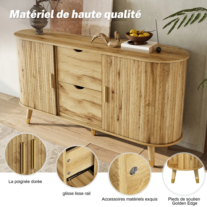 Buffet effet bois, rangement moderne à portes texturées 140x40x79.5cm PILLOWGLASS