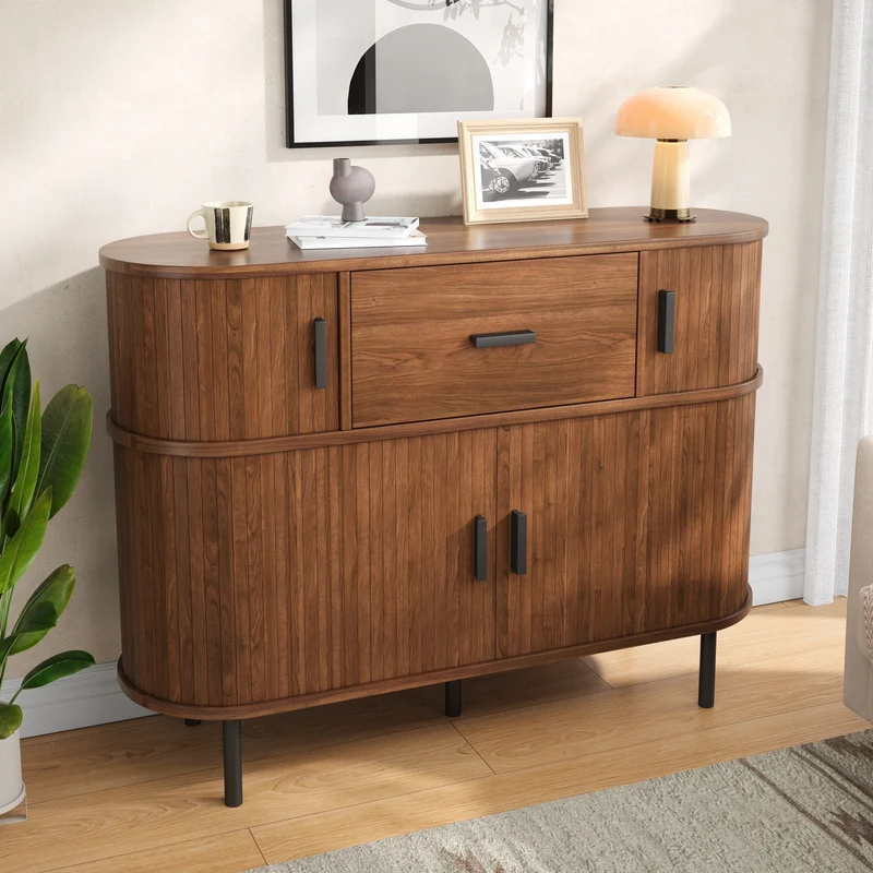 Buffet effet noyer à portes coulissantes et tiroir, style vintage 110 cm PILLOWPLACE