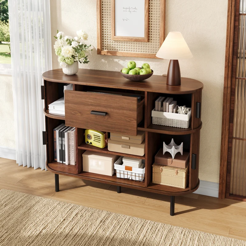 Buffet effet noyer à portes coulissantes et tiroir, style vintage 110 cm PILLOWPLACE