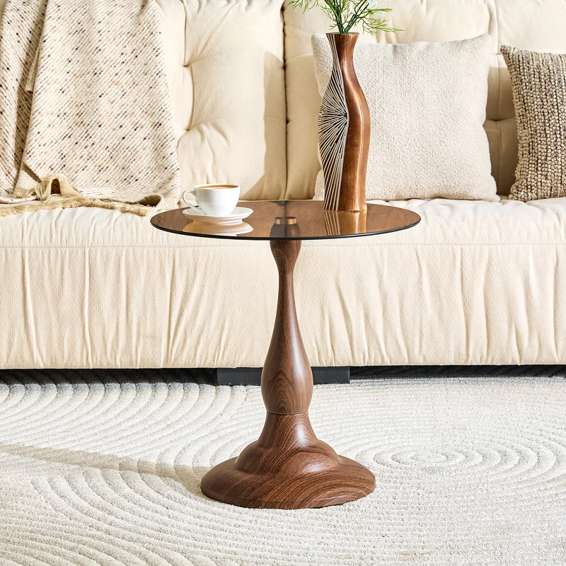 Table d’appoint ronde en verre teinté style moderne, pieds effet bois noyer PINEPLUS