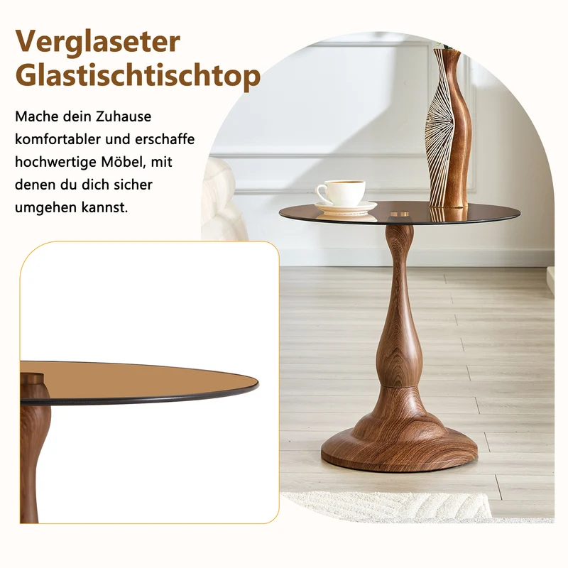 Table d’appoint ronde en verre teinté style moderne, pieds effet bois noyer PINEPLUS