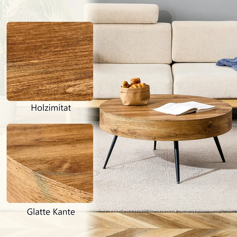 Table basse ronde effet bois, style industriel, pieds métal noir Ø70 cm PINEDIVIDER