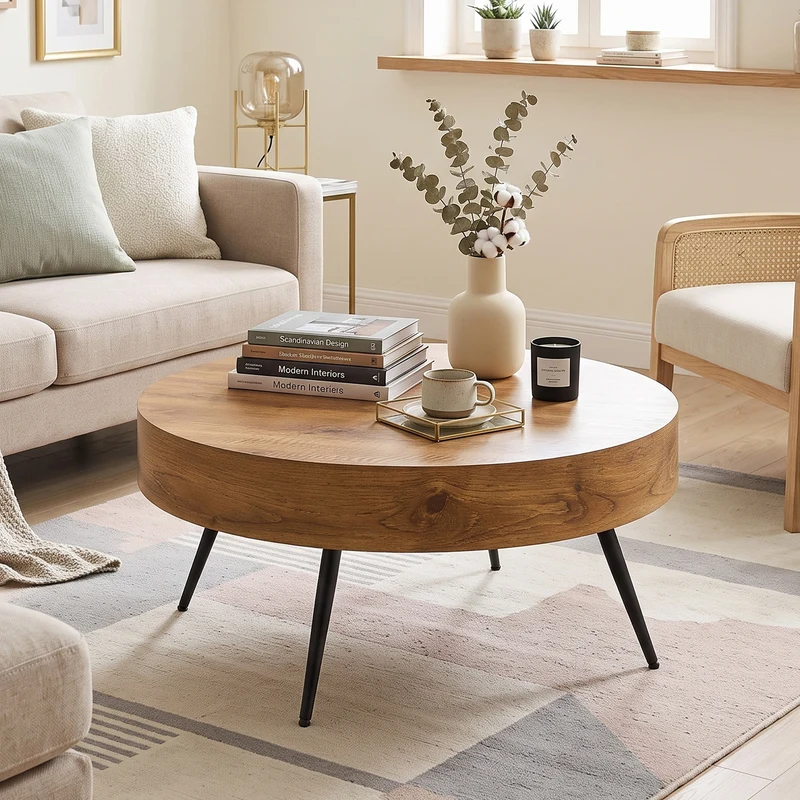 Table basse ronde effet bois, style industriel, pieds métal noir Ø70 cm PINEDIVIDER
