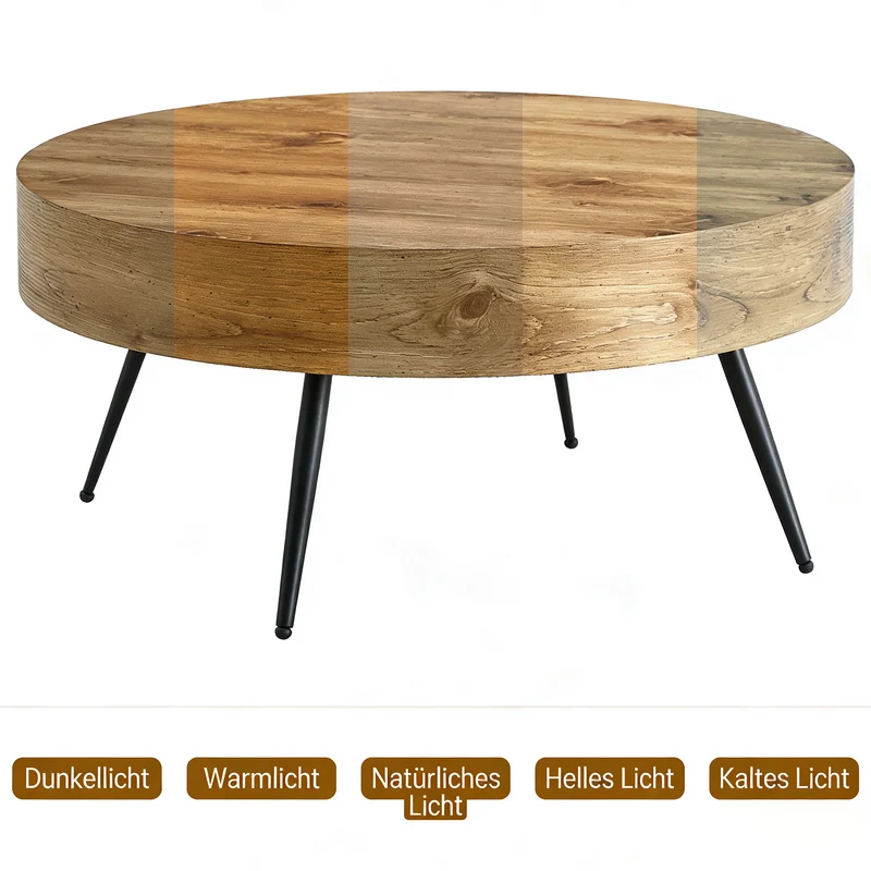 Table basse ronde effet bois, style industriel, pieds métal noir Ø70 cm PINEDIVIDER