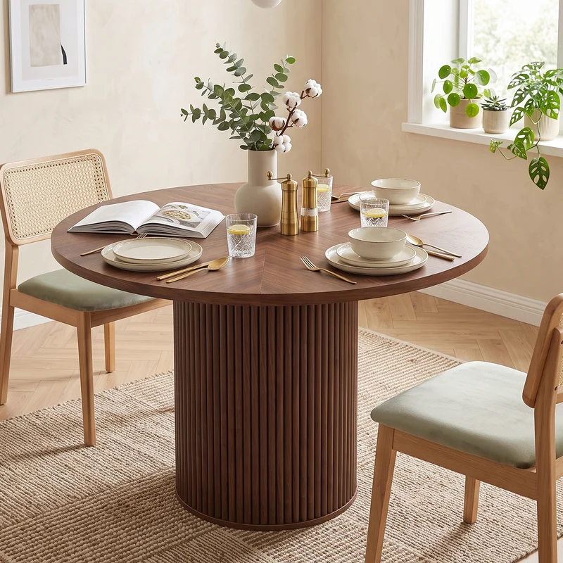 Table de salle à manger ronde effet noyer 4 à 6 personnes 100x100cm PINEELITE